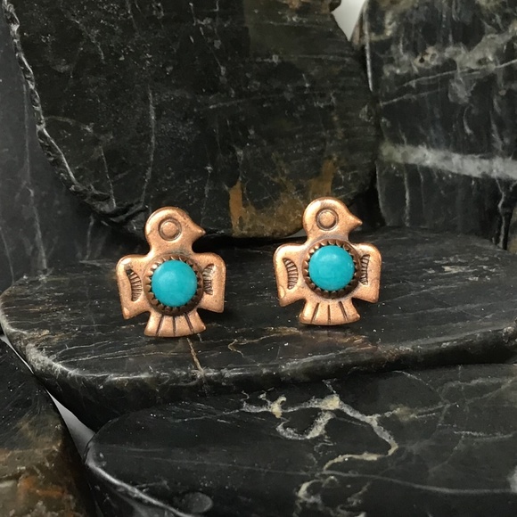 Vintage Copper Turquoise Earrings Thunderbird Southwest Style Pierced - Picture 1 of 12